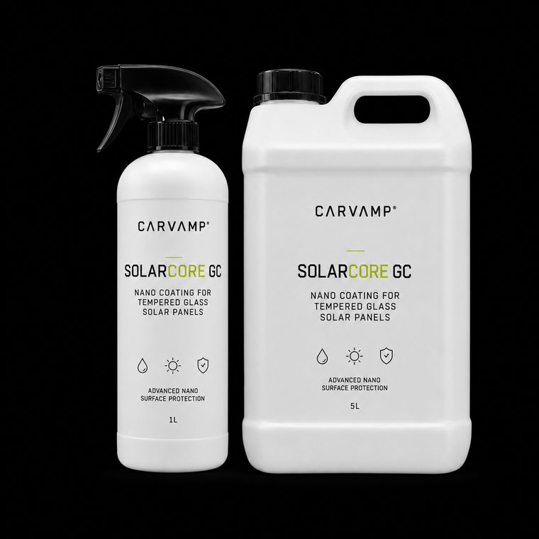 CARVAMP SOLARCORE GC nano coating for tempered glass solar panels — 1L spray and 5L canister
